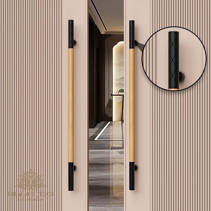 มือจับประตูไม้แท้ผสมสแตนเลส รุ่น Diamante Series (Luxury Wood & Diamond Knurled Handle) - Premiare Decos - Image 3